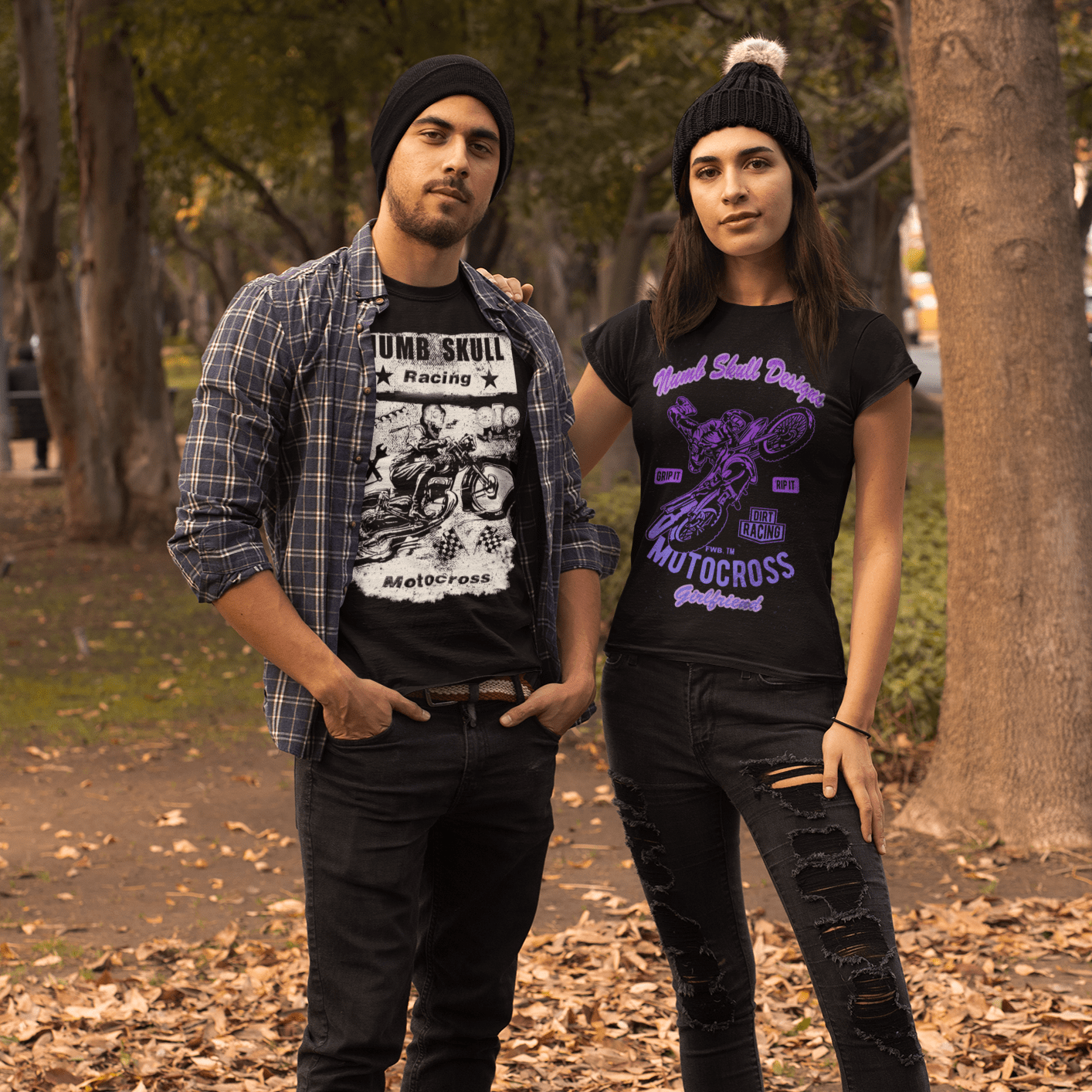 couple wearing numb skull designs motocross t-shirts